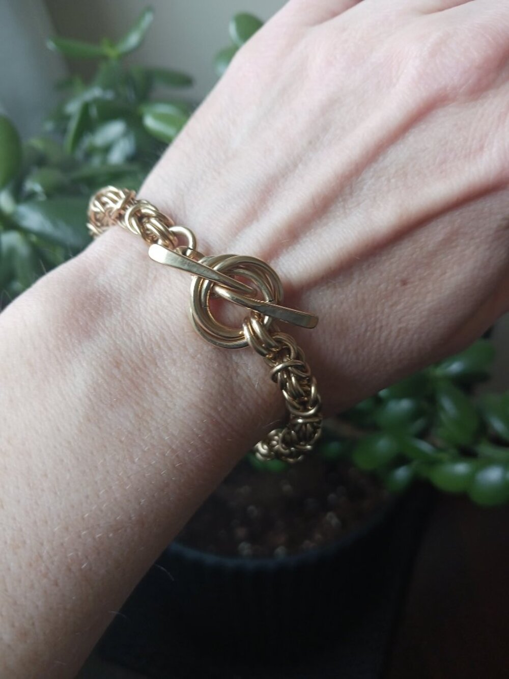 Vintage 90s Heavy 36g Gold Plated Byzantine Toggle Bracelet